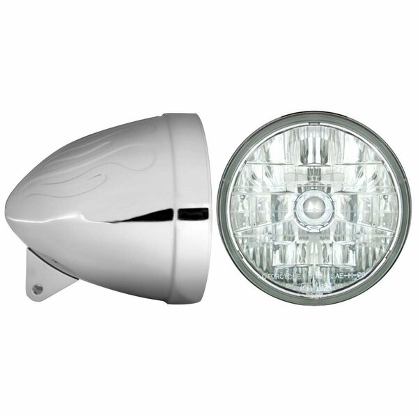 In Pro Car Wear 7 in. Flamed Headlight Bucket, Chrome with T70200 3K DC Headlamp HB74010-2